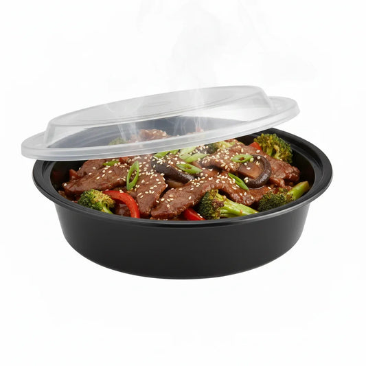 16 oz Black PP Round Food Container with Clear Lid - 150/Case
