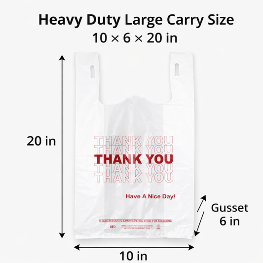 White “Thank You” Heavy-Duty Plastic T-Shirt Bags 10" x 6" x 20" - 22 Mic - 500/Case