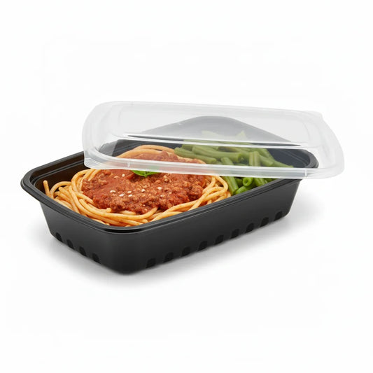 24 oz Black PP Rectangular Food Container with Clear Lid - 150/Case