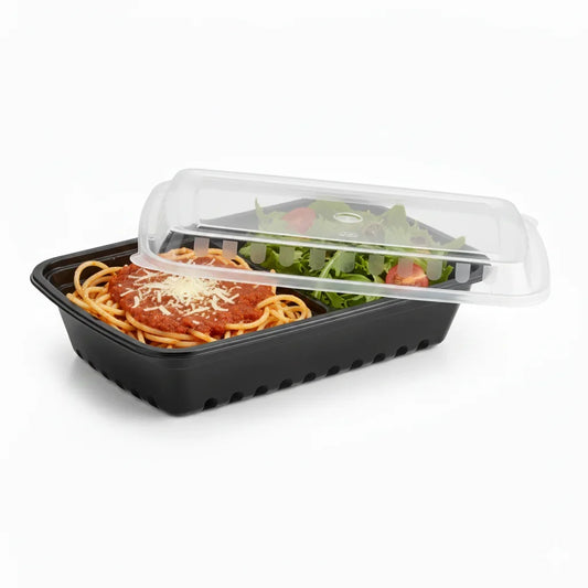 28 oz Black PP Rectangular Food Container with Clear Lid - 150/Case