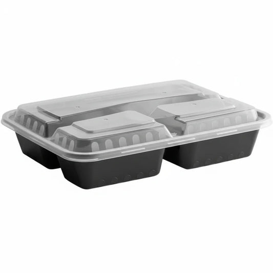 32 oz 3 com Black PP Rectangular 3-Compartment Food Container with Clear Lid - 150/Case