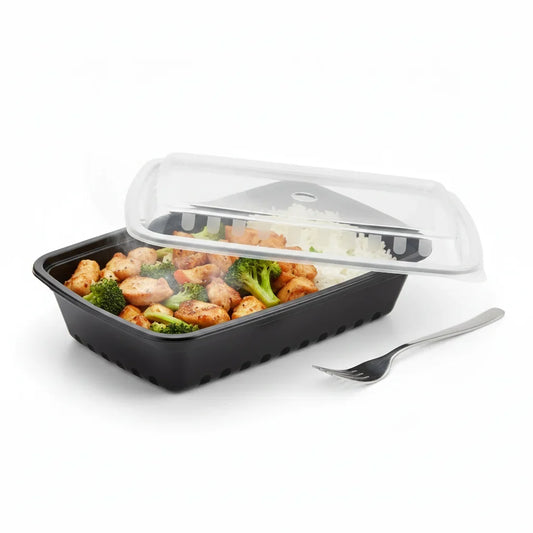 32 oz Black PP Rectangular Food Container with Clear Lid - 150/Case