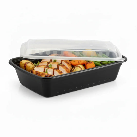 38 oz Black PP Rectangular Food Container with Clear Lid - 150/Case