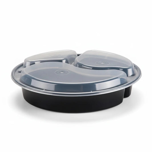 39 oz Black PP Round 3-Compartment Food Container with Clear Lid - 150/Case