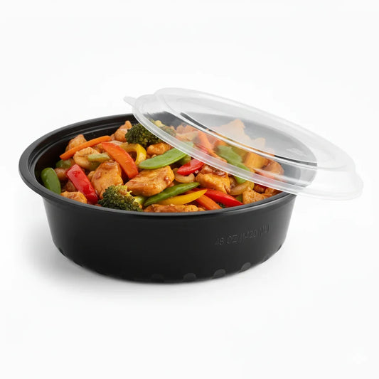 48 oz Black PP Round Food Container with Clear Lid - 150/Case