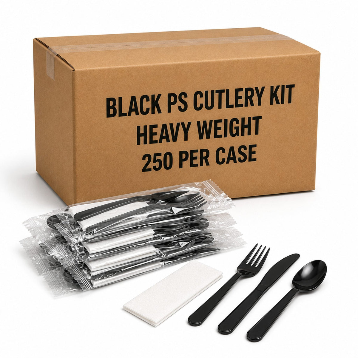 Heavy Weight Black Polystyrene Plastic Cutlery Kit with Napkin - 250/Case