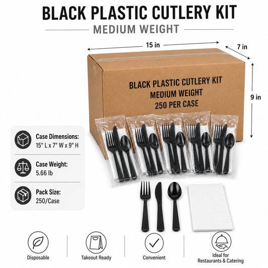 Medium Weight Black Plastic Cutlery Kit - 250/Case