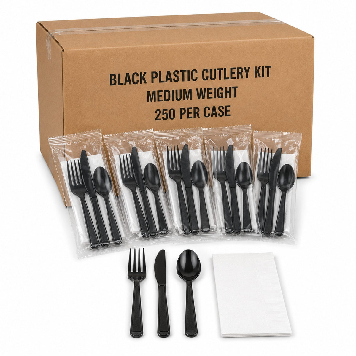 Medium Weight Black Plastic Cutlery Kit - 250/Case