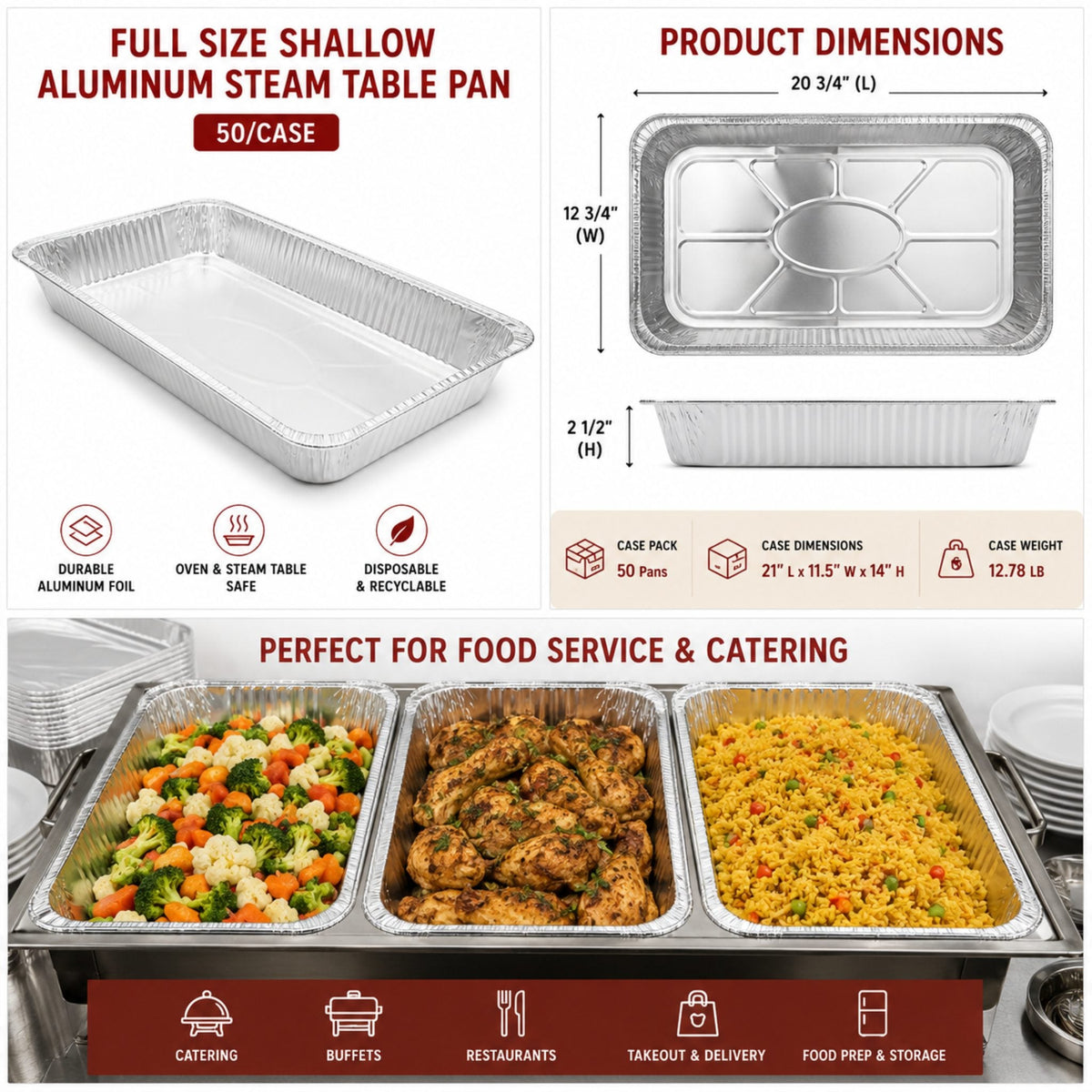 Full Size Shallow Aluminum Steam Table Pan - 50/Case