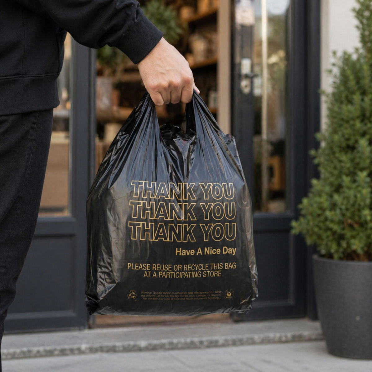 Black "Thank You" Heavy Duty T-Shirt Bags - 10" x 6" x 20" 20 Mic - 500/Case
