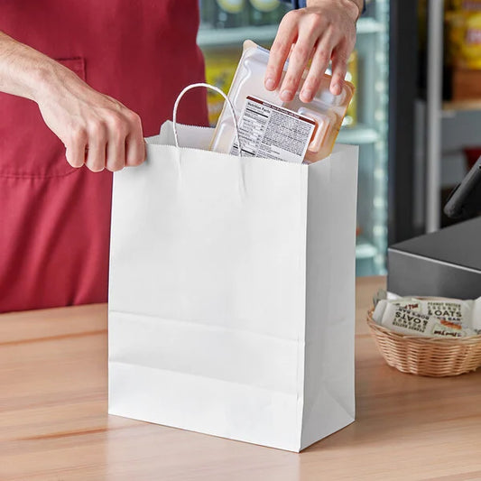 10" x 5" x 13" White Paper Paper Bag with Handles - 250/Cs