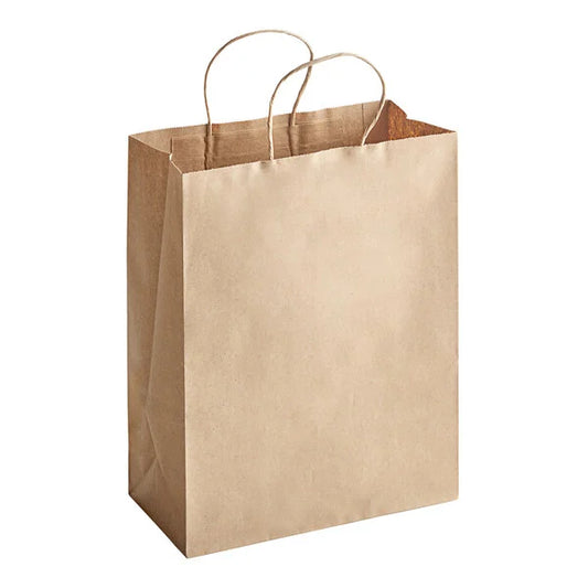 10" x 5" x 13" Natural Kraft Paper Paper Bag with Handles (Medium) - 250/Case