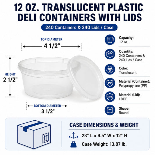 12 oz. Heavy-Duty Microwavable Translucent Plastic Deli Containers with Lids - 240/Case