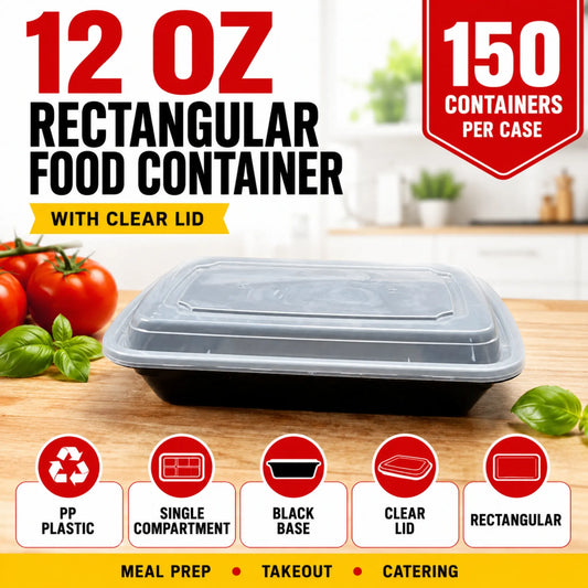 12 oz Black PP Rectangular Food Container with Clear Lid - 150/Case