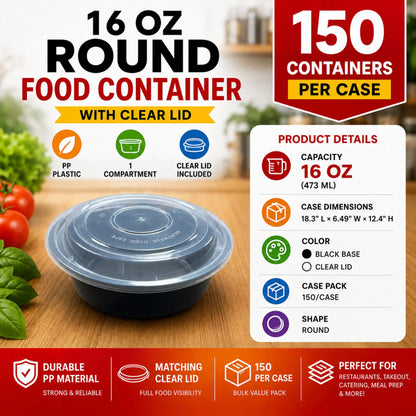 16 oz Black PP Round Food Container with Clear Lid - 150/Case