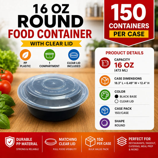 16 oz Black PP Round Food Container with Clear Lid - 150/Case
