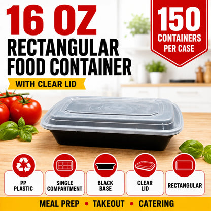 16 oz Black PP Rectangular Food Container with Clear Lid - 150/Case