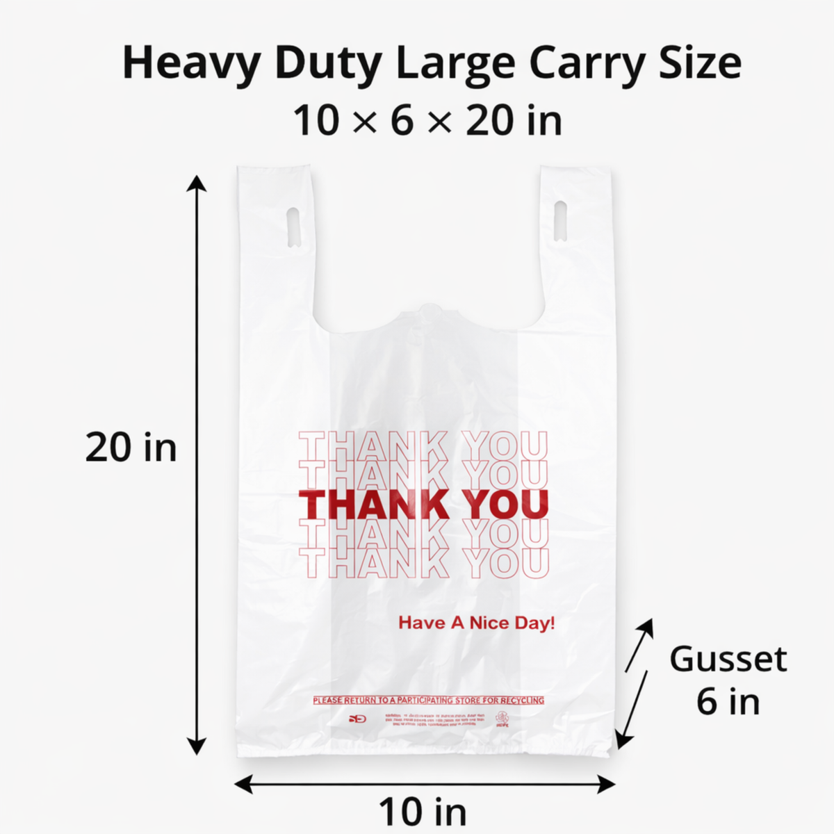 White “Thank You” Heavy-Duty Plastic T-Shirt Bags 10" x 6" x 20" - 22 Mic - 500/Case