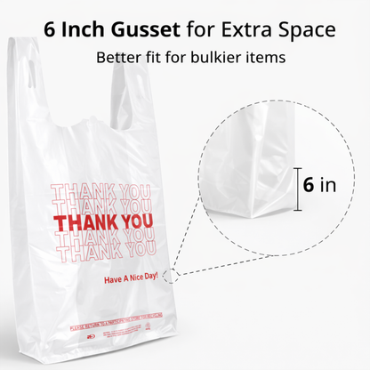White “Thank You” Heavy-Duty Plastic T-Shirt Bags 10" x 6" x 20" - 22 Mic - 500/Case