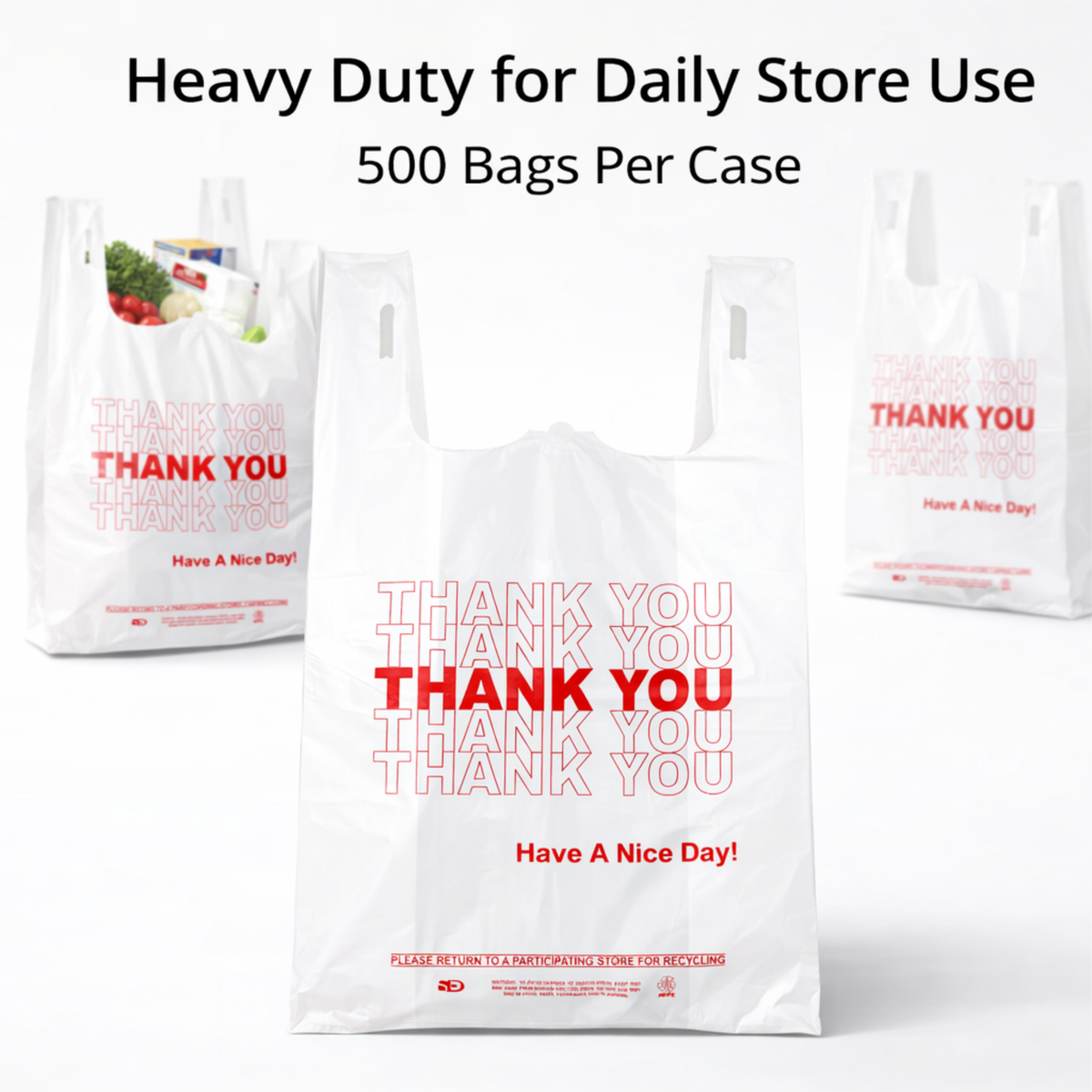 White “Thank You” Heavy-Duty Plastic T-Shirt Bags 10" x 6" x 20" - 22 Mic - 500/Case