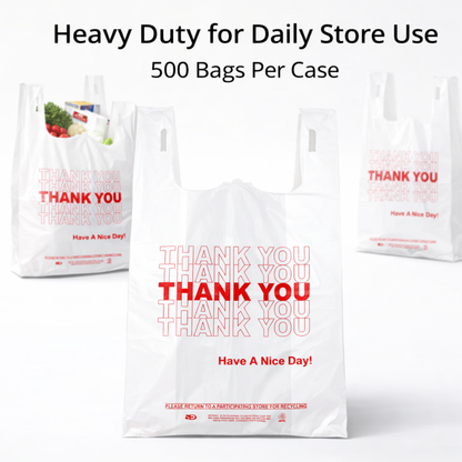 White “Thank You” Heavy-Duty Plastic T-Shirt Bags 10" x 6" x 20" - 22 Mic - 500/Case