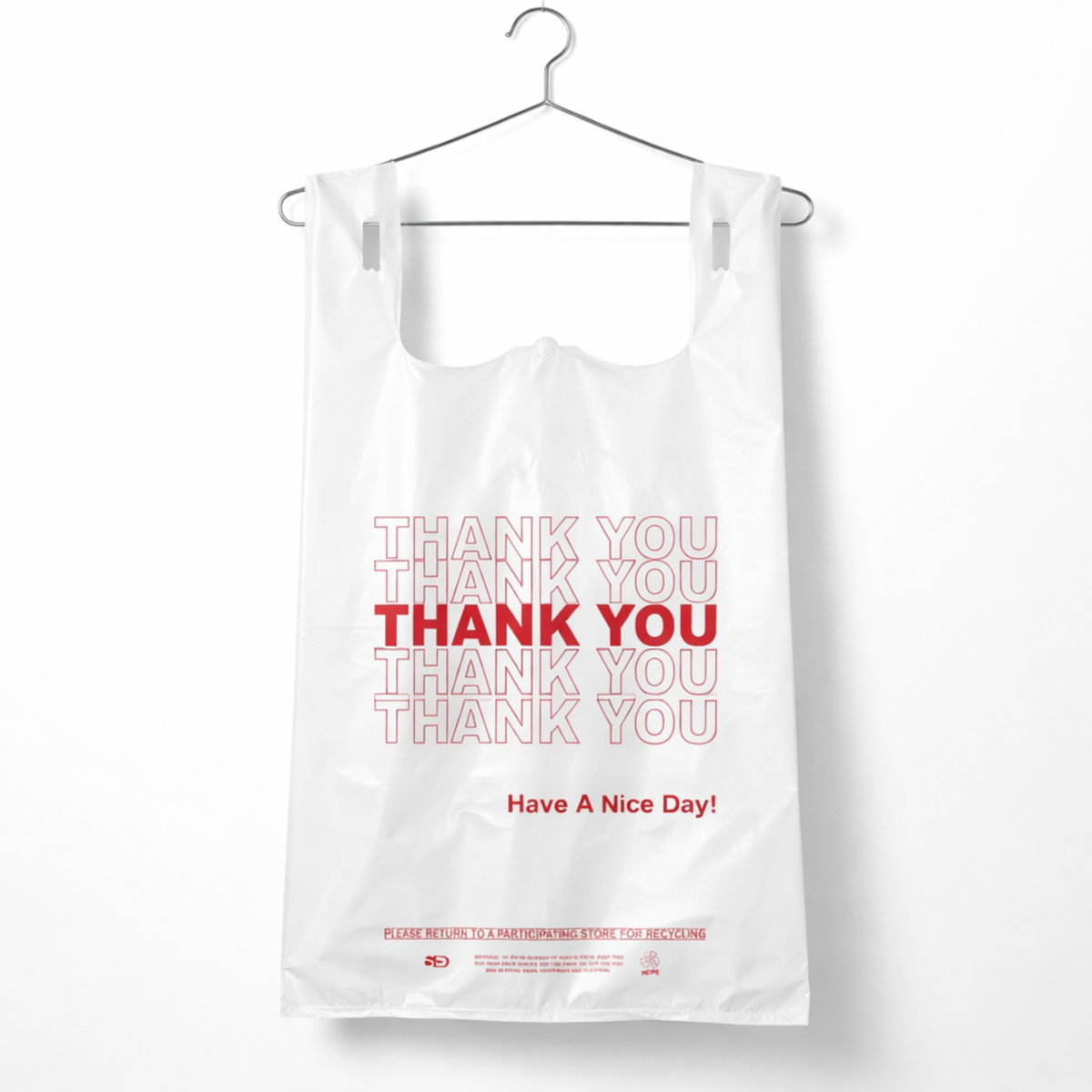 White “Thank You” Heavy-Duty Plastic T-Shirt Bags 10" x 6" x 20" - 22 Mic - 500/Case