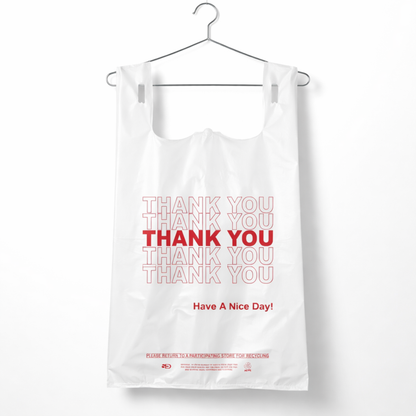 White “Thank You” Heavy-Duty Plastic T-Shirt Bags 10" x 6" x 20" - 22 Mic - 500/Case