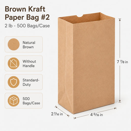 Brown Kraft Paper Bag #2 - 2 lb - 500 Bags/Case
