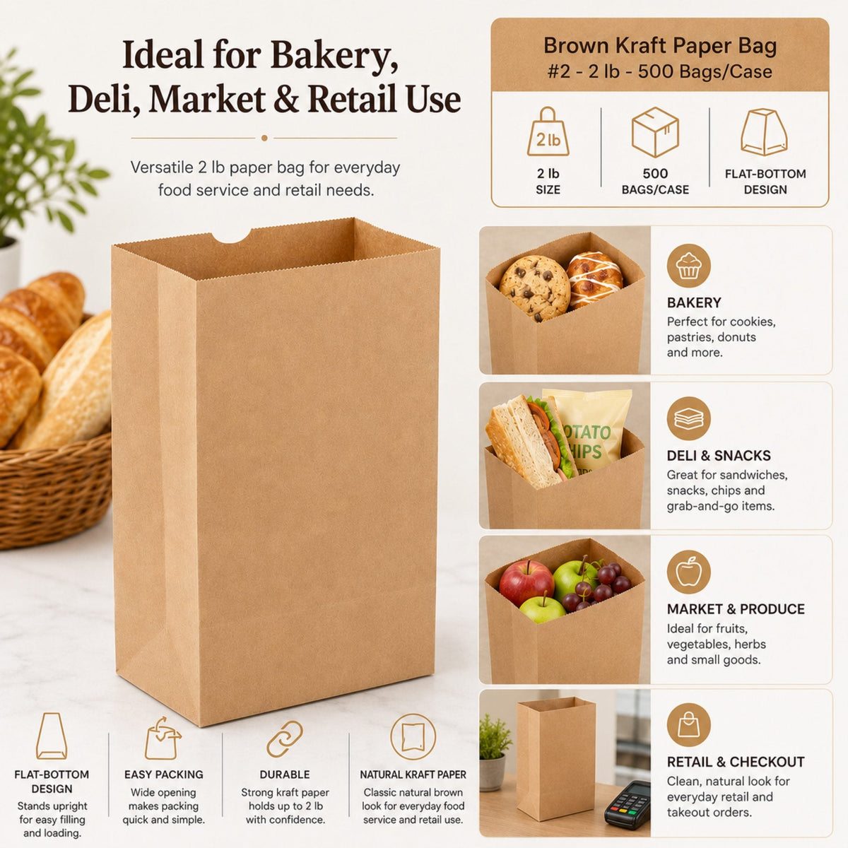 Brown Kraft Paper Bag #2 - 2 lb - 500 Bags/Case