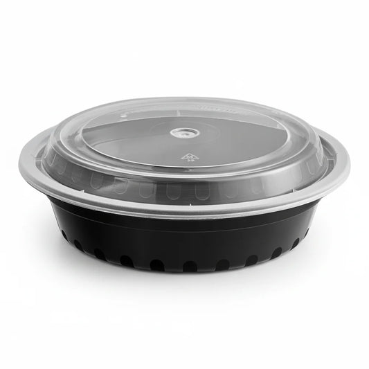 24 oz Black PP Round Food Container with Clear Lid - 150/Case