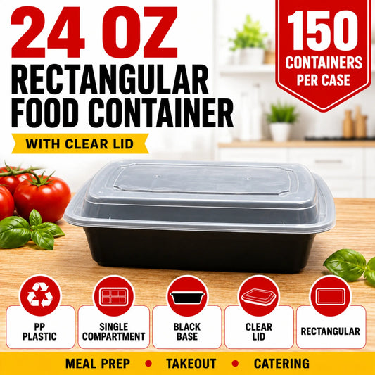 24 oz Black PP Rectangular Food Container with Clear Lid - 150/Case