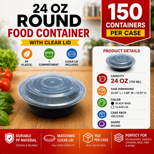 24 oz Black PP Round Food Container with Clear Lid - 150/Case