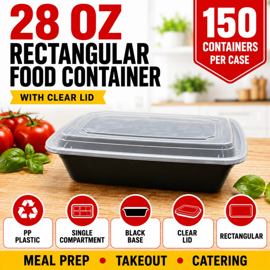 28 oz Black PP Rectangular Food Container with Clear Lid - 150/Case