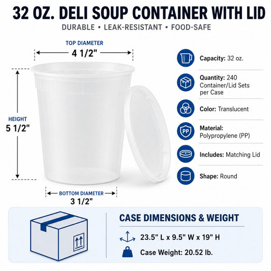 32 oz. Heavy-Duty Microwavable Translucent Plastic Deli Soup Containers with Lids - 240/Case