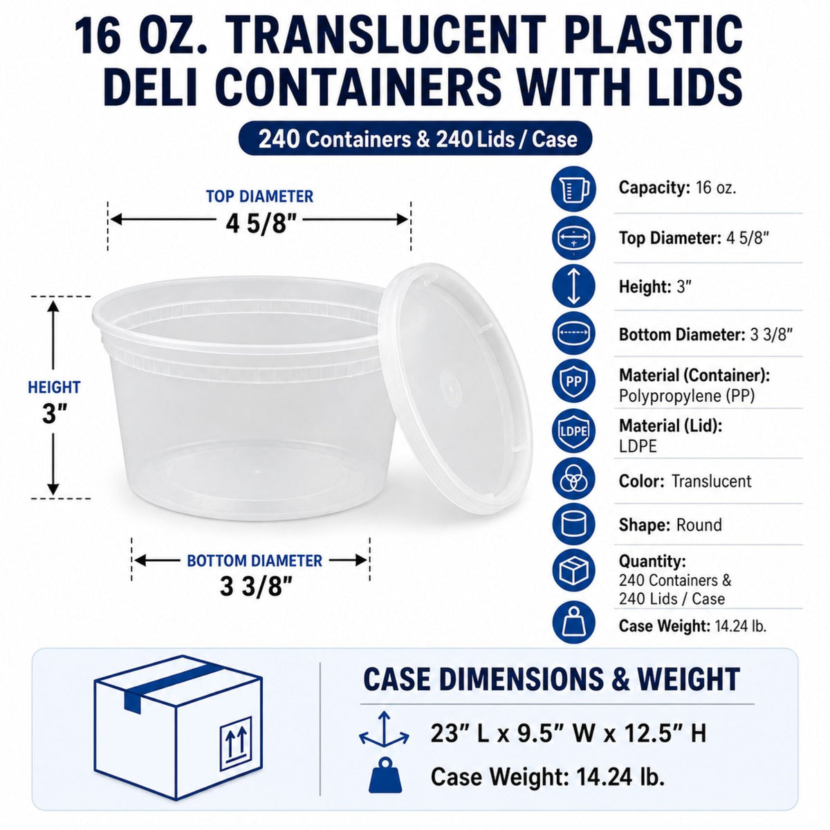 16 oz. Heavy-Duty Microwavable Translucent Plastic Deli Containers with Lids - 240/Case