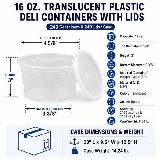 16 oz. Heavy-Duty Microwavable Translucent Plastic Deli Containers with Lids - 240/Case