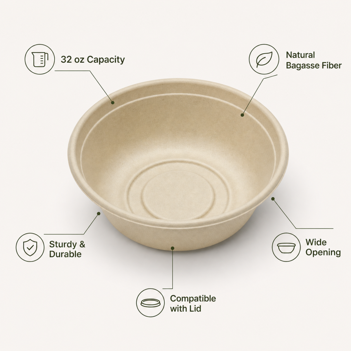 Rise Up 32 oz Natural Bagasse Bowl - 500/Case