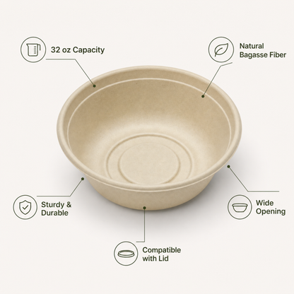 Rise Up 32 oz Natural Bagasse Bowl - 500/Case