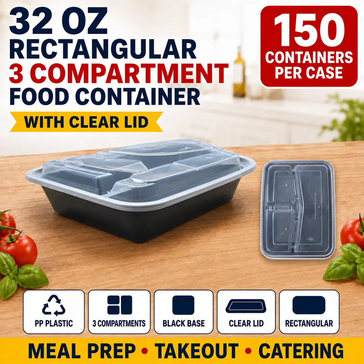 32 oz 3 com Black PP Rectangular 3-Compartment Food Container with Clear Lid - 150/Case