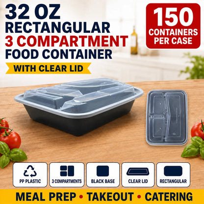 32 oz 3 com Black PP Rectangular 3-Compartment Food Container with Clear Lid - 150/Case