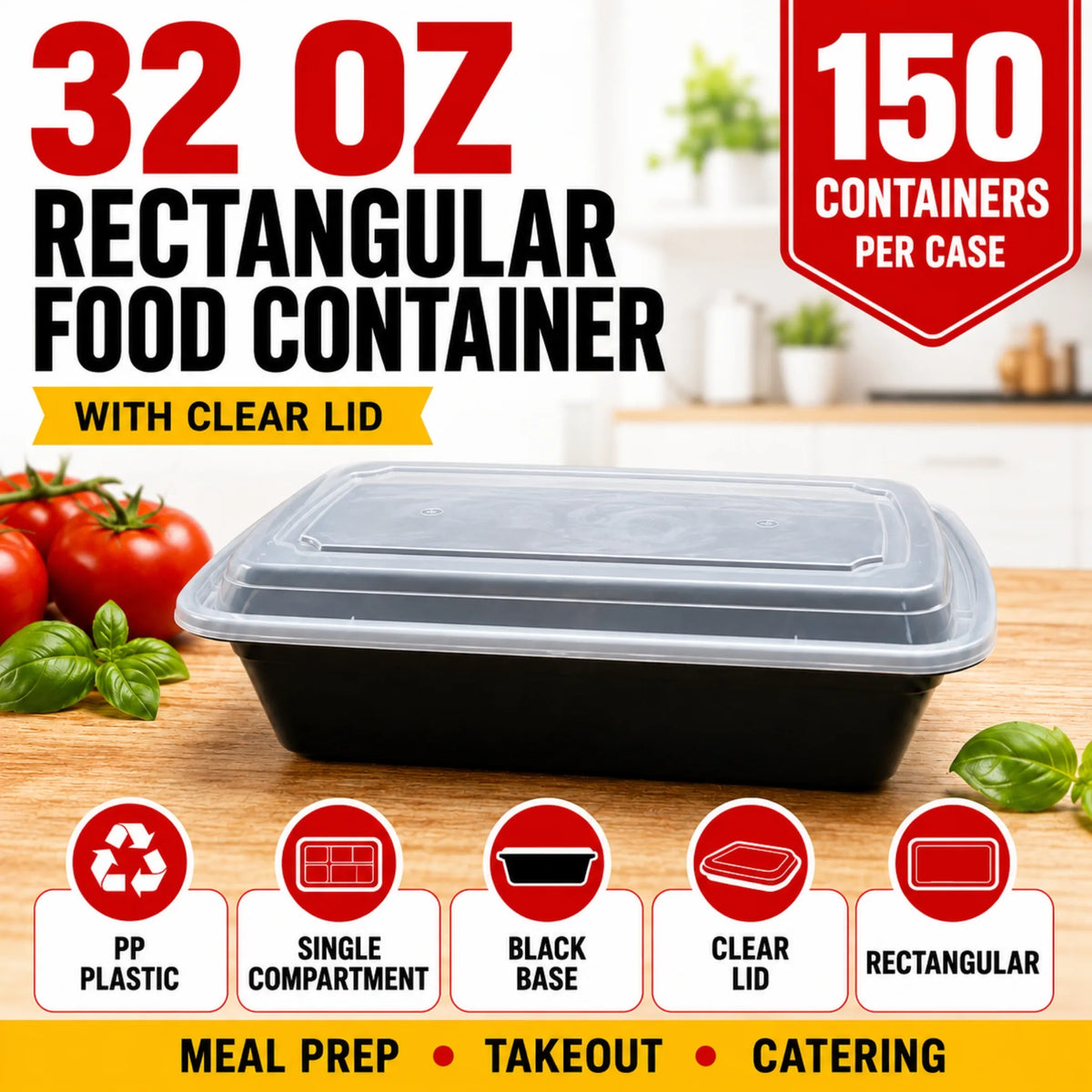 32 oz Black PP Rectangular Food Container with Clear Lid - 150/Case