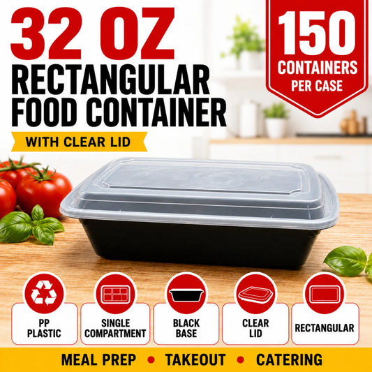 32 oz Black PP Rectangular Food Container with Clear Lid - 150/Case