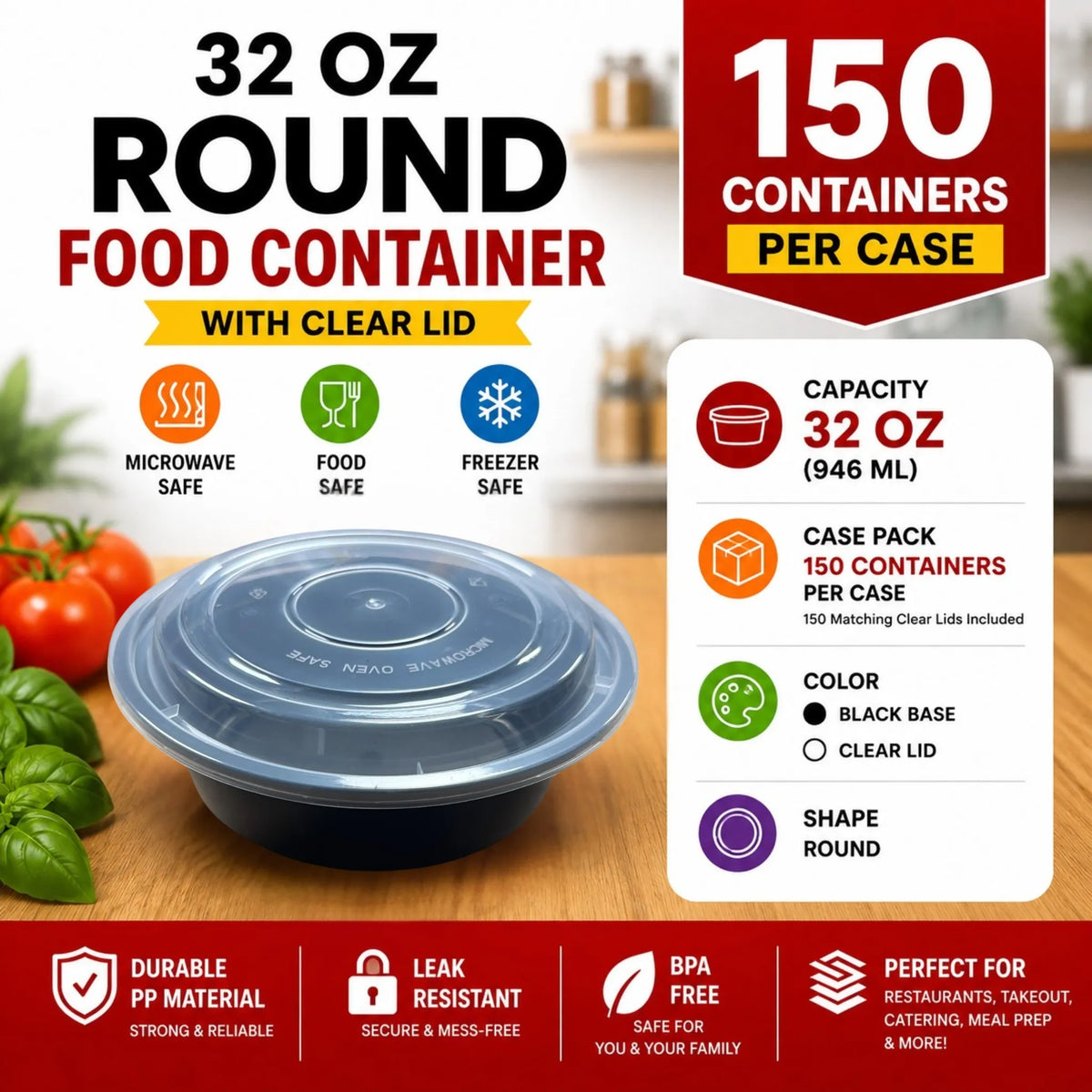 32 oz Black PP Round Food Container with Clear Lid - 150/Case