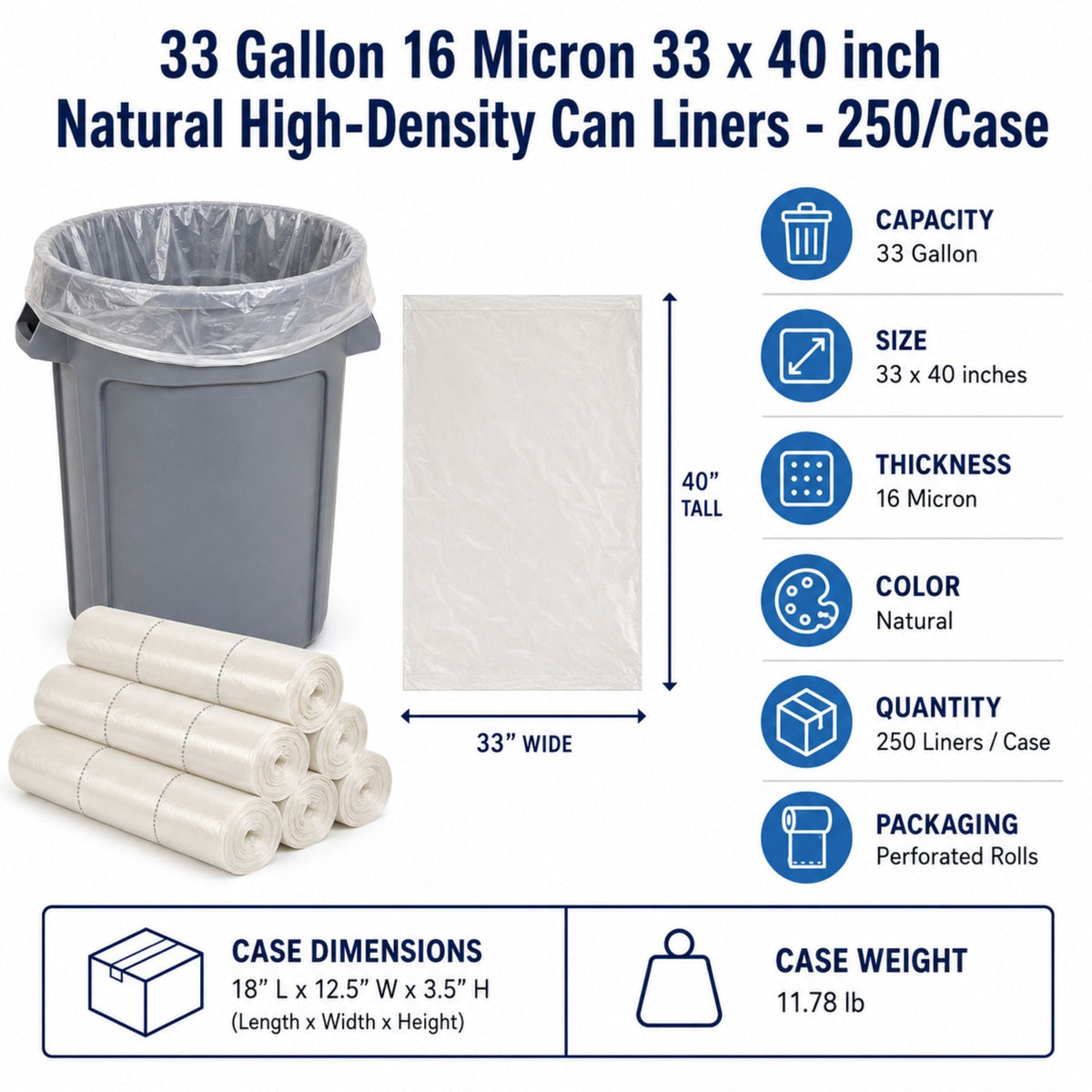 33 Gallon 16 Micron 33" x 40" Natural High-Density Can Liners - 250/Case