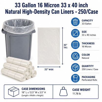 33 Gallon 16 Micron 33" x 40" Natural High-Density Can Liners - 250/Case