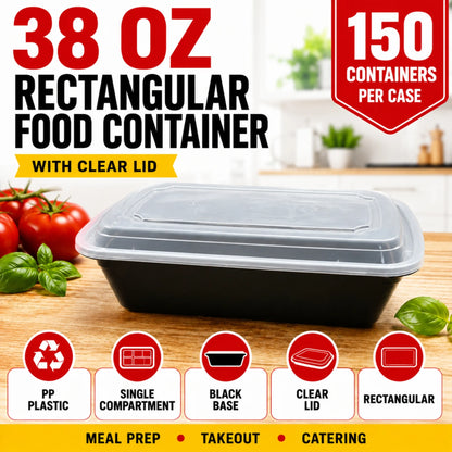 38 oz Black PP Rectangular Food Container with Clear Lid - 150/Case