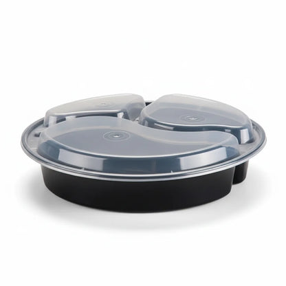 39 oz Black PP Round 3-Compartment Food Container with Clear Lid - 150/Case