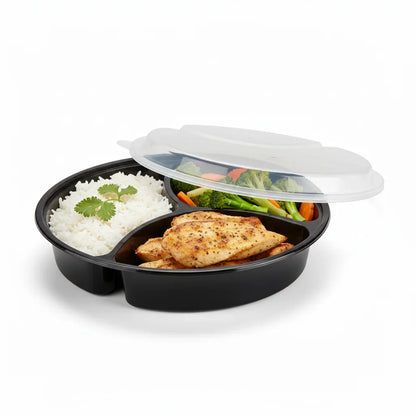 39 oz Black PP Round 3-Compartment Food Container with Clear Lid - 150/Case