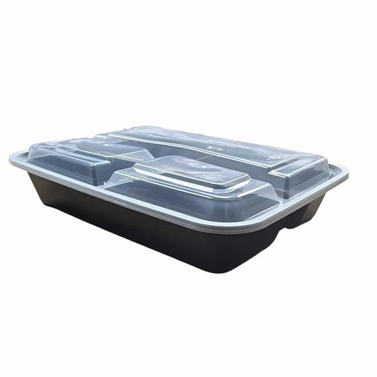 39 oz Black PP Rectangular 3-Compartment Food Container with Clear Lid - 150/Case