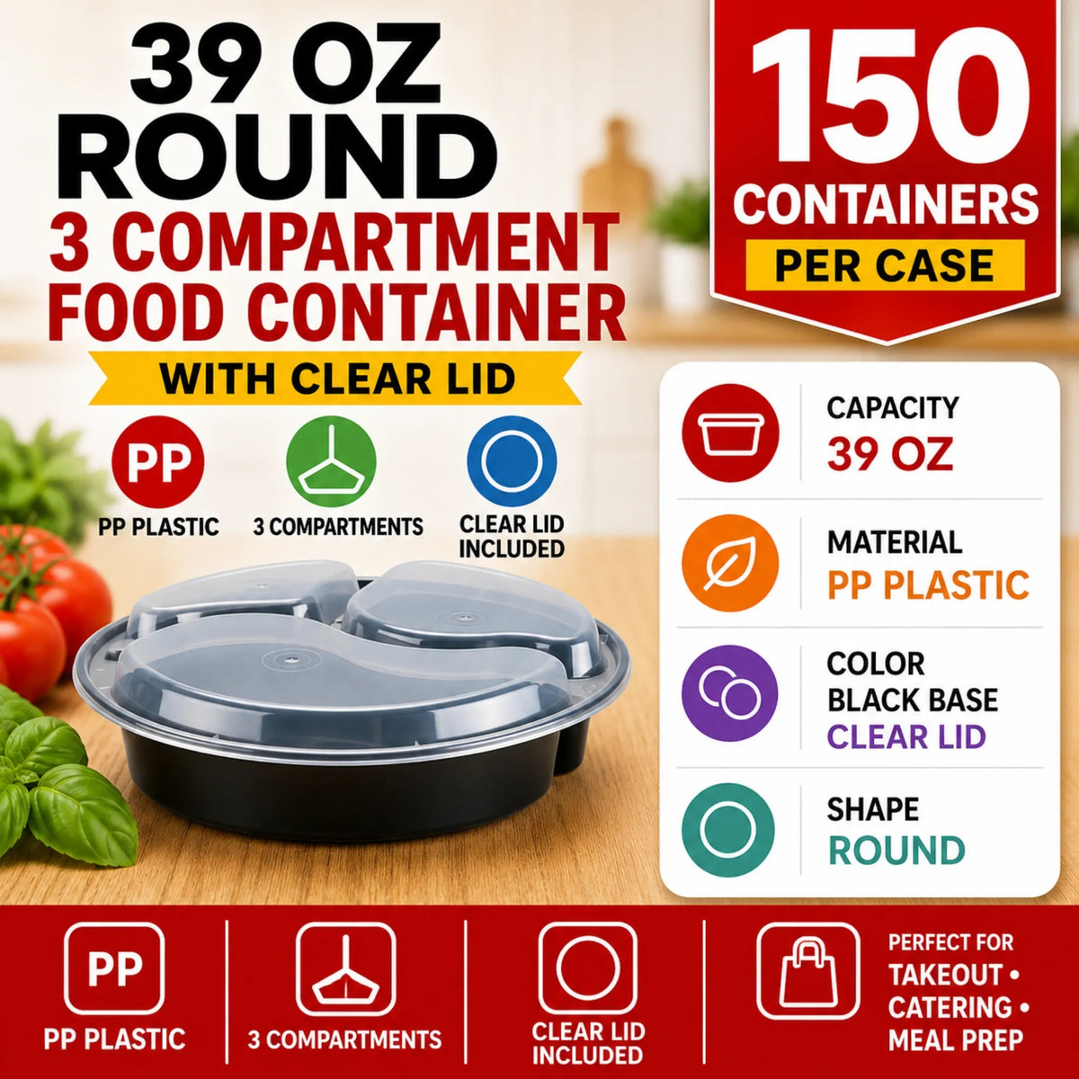 39 oz Black PP Round 3-Compartment Food Container with Clear Lid - 150/Case